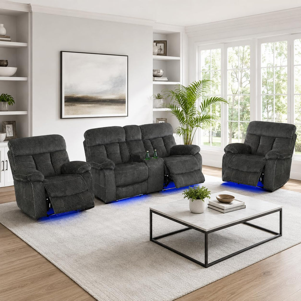 Gray Wool 3 Piece Power Reclining Sofa Set with USB Ports and LED Lights I1930
