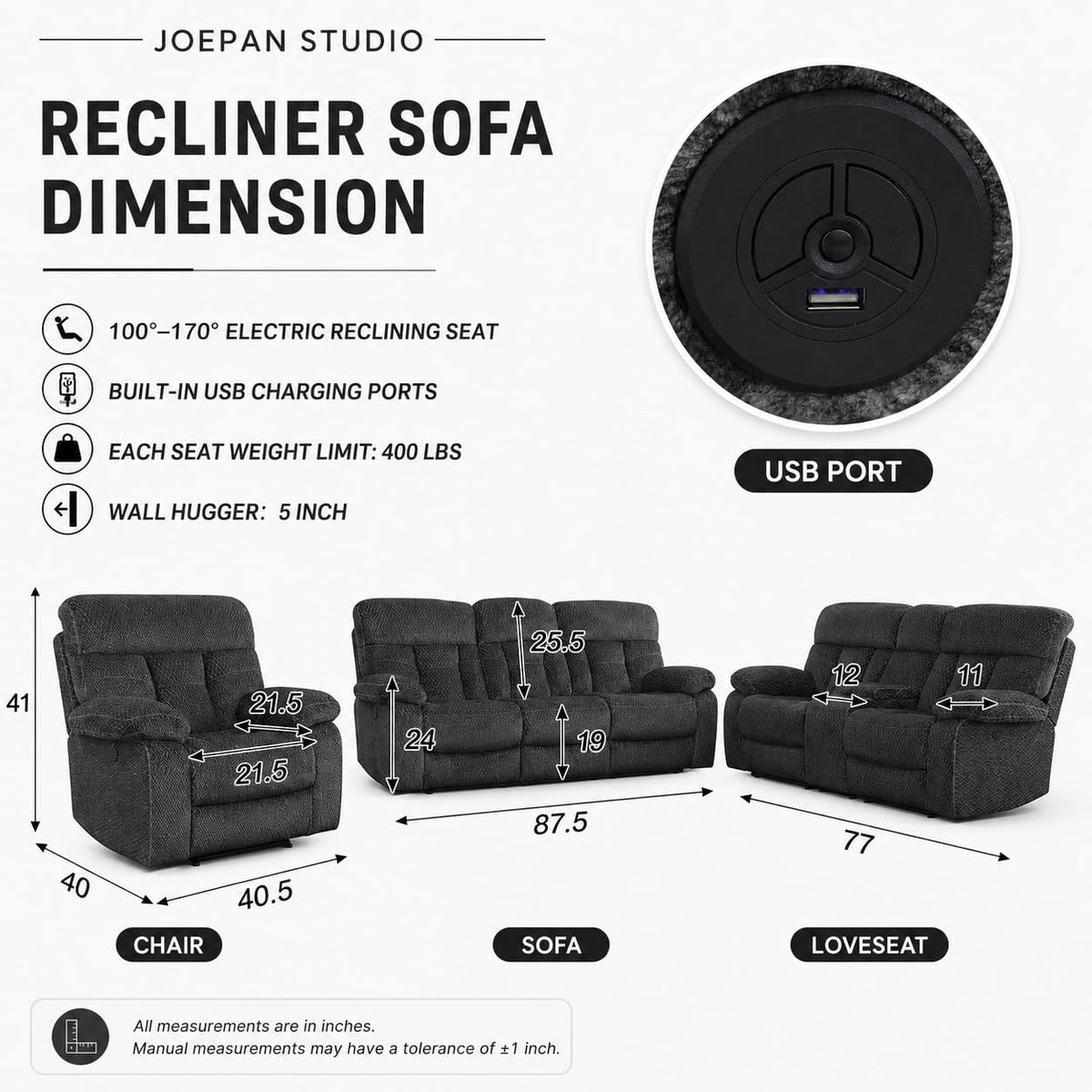 Gray Wool 3 Piece Power Reclining Sofa Set with USB Ports and LED Lights I1930