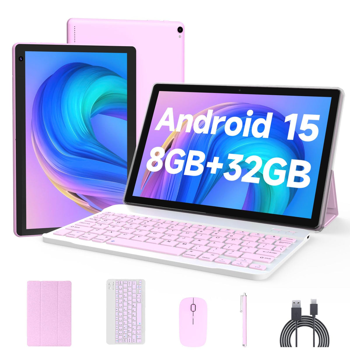 Android 15 Tablet 10 inch, 2 in 1 Tablet with Keyboard Case Mouse Stylus, 8GB RAM 32GB ROM, Quad Core, 1280x800 HD Screen, 6000mAh V5972