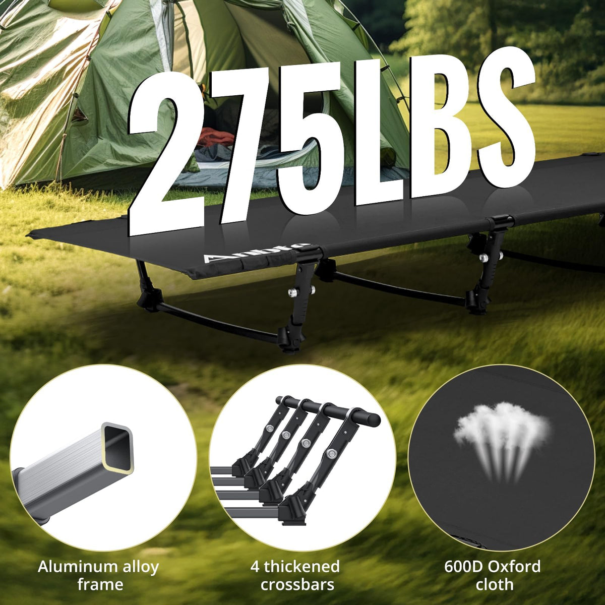Black Ultralight Folding Camping Cot with Storage Bag P19748