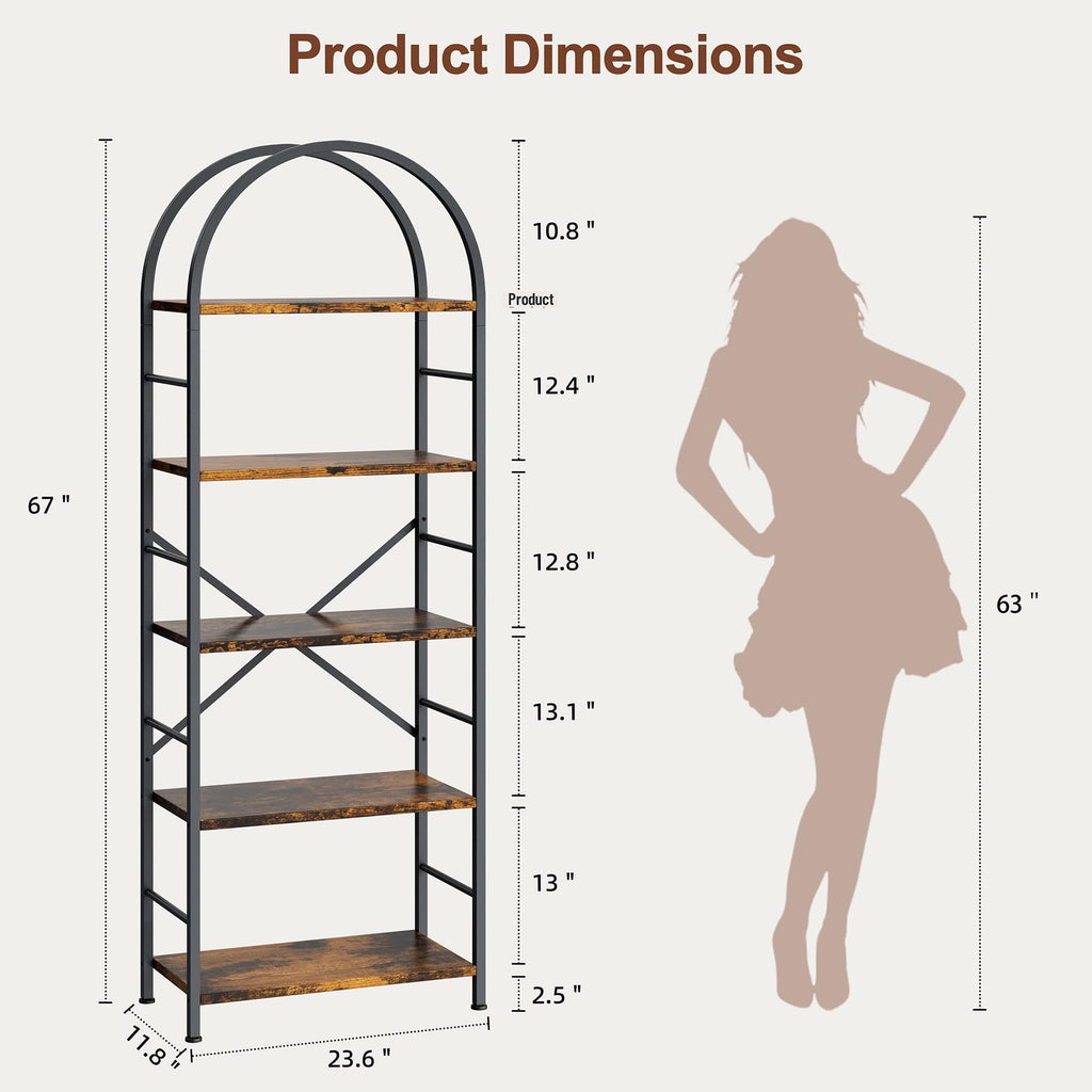 5 Tier Rustic Brown Bookshelf with Metal Frame T25088