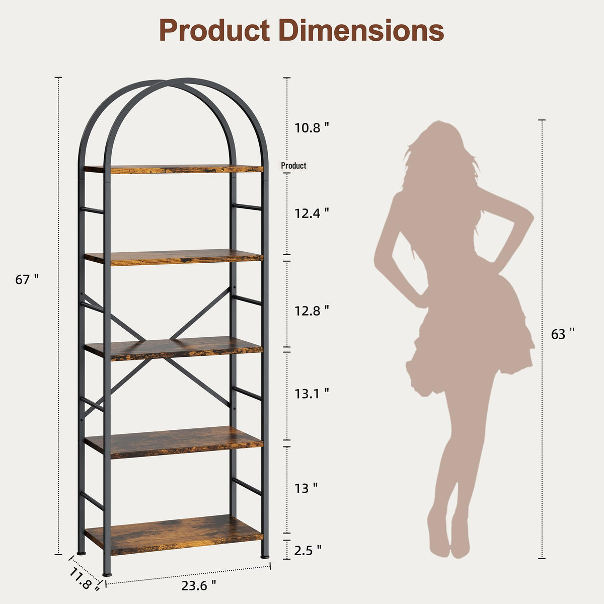 5 Tier Rustic Brown Bookshelf with Metal Frame T25088