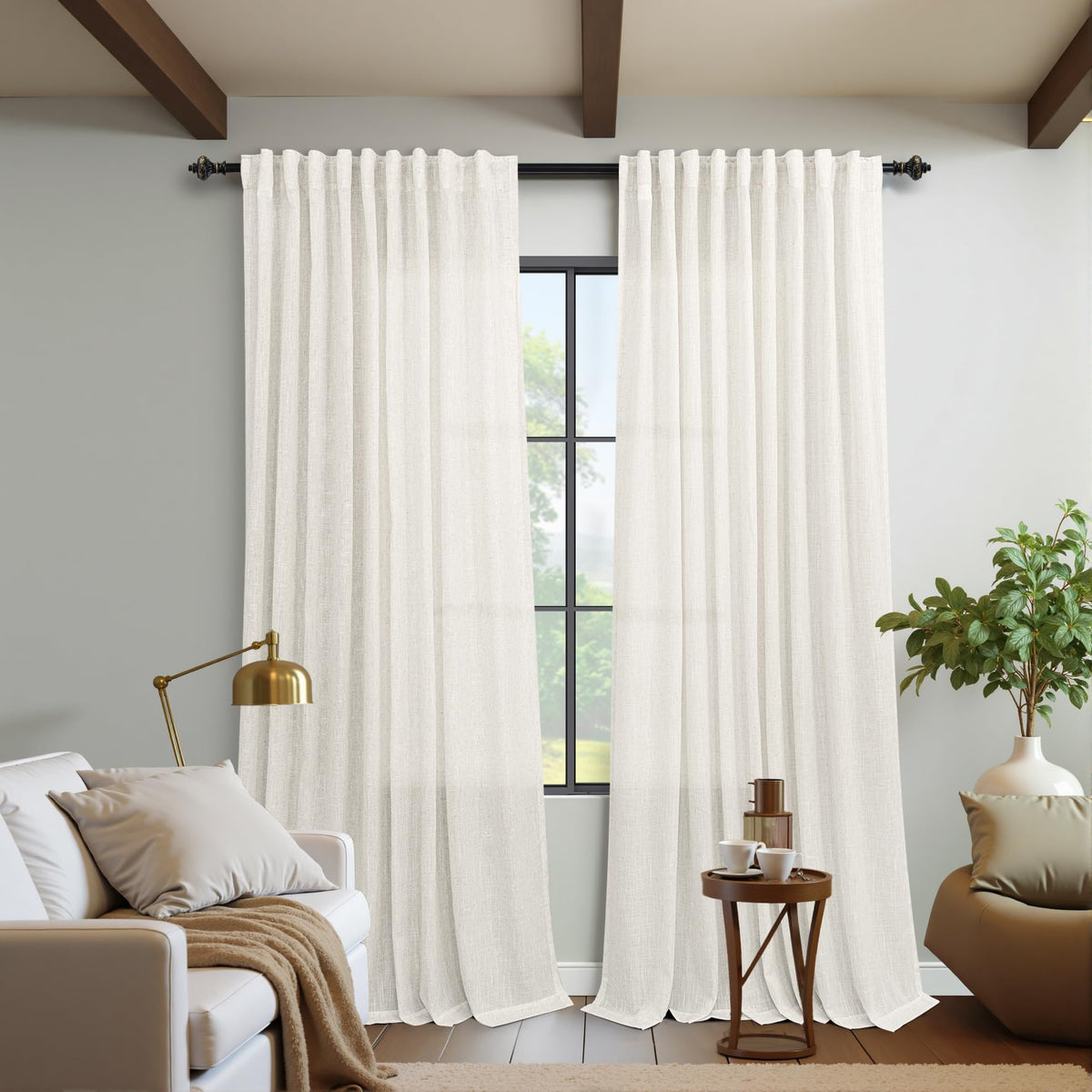 72 Inch Wide Linen Sheer Curtains, 84 Inch Long, 2 Panels Set F362765