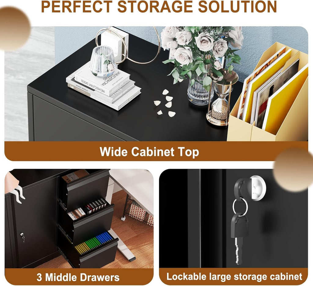 47" H 3 Drawer Black Rolling Metal File Cabinet with Adjustable Shelf & Wheels F169281