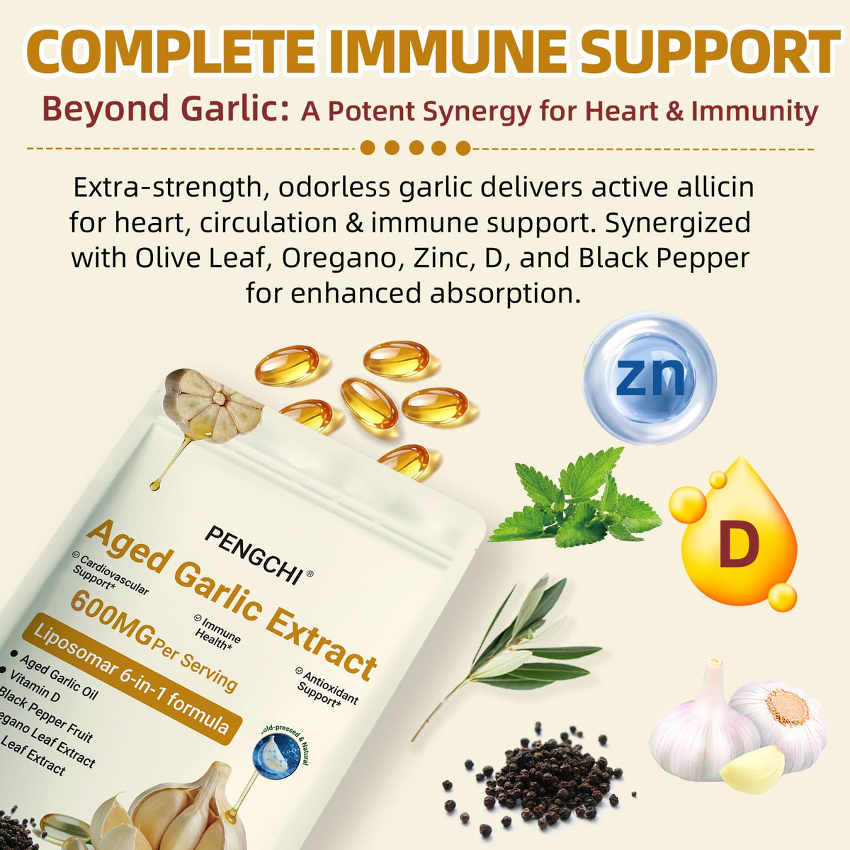 Aged Garlic Extract with Vitamin D Zinc Oregano Olive Leaf Black Pepper 300 Softgels L455