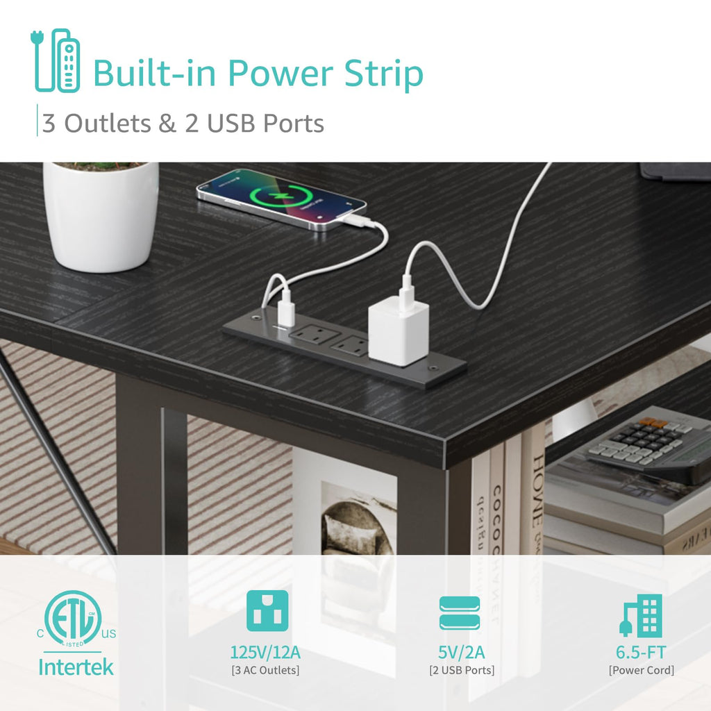 Black 40 Inch L Shaped Corner Computer Desk with Power Outlet Q90728
