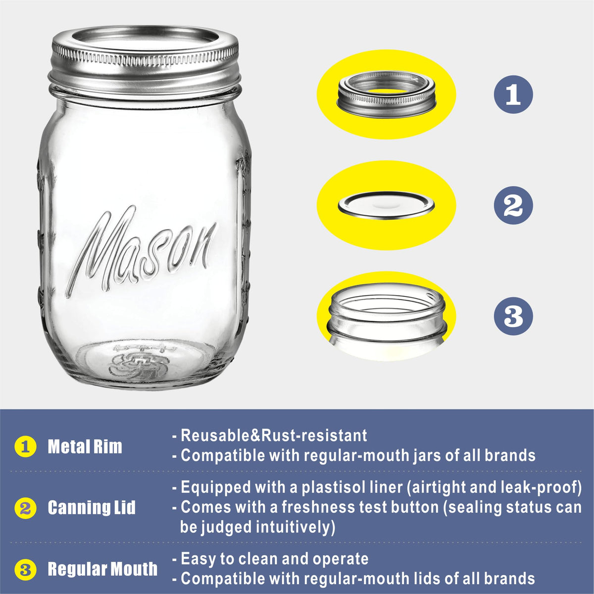 16 oz 6-Pack Regular Mouth Glass Mason Jars with Airtight Lids V84667
