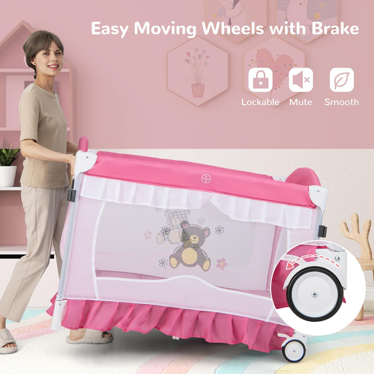 4-in-1 Pack and Play with Canopy, Changing Table and Bassinet, Hot Pink D278