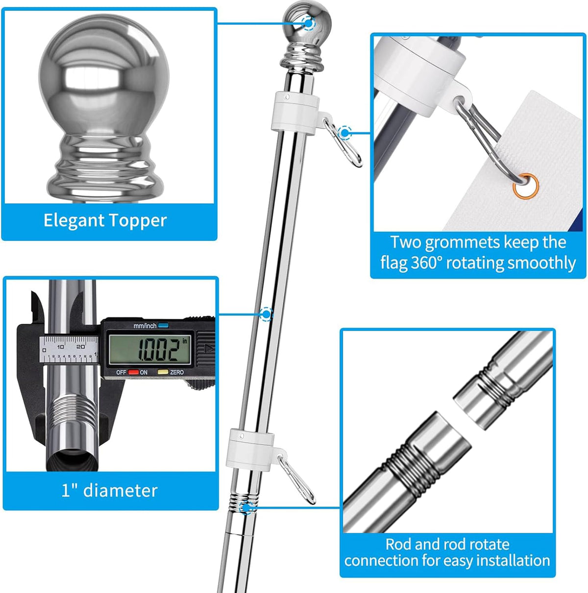 6 FT Stainless Steel Tangle Free Flag Pole Kit H7235