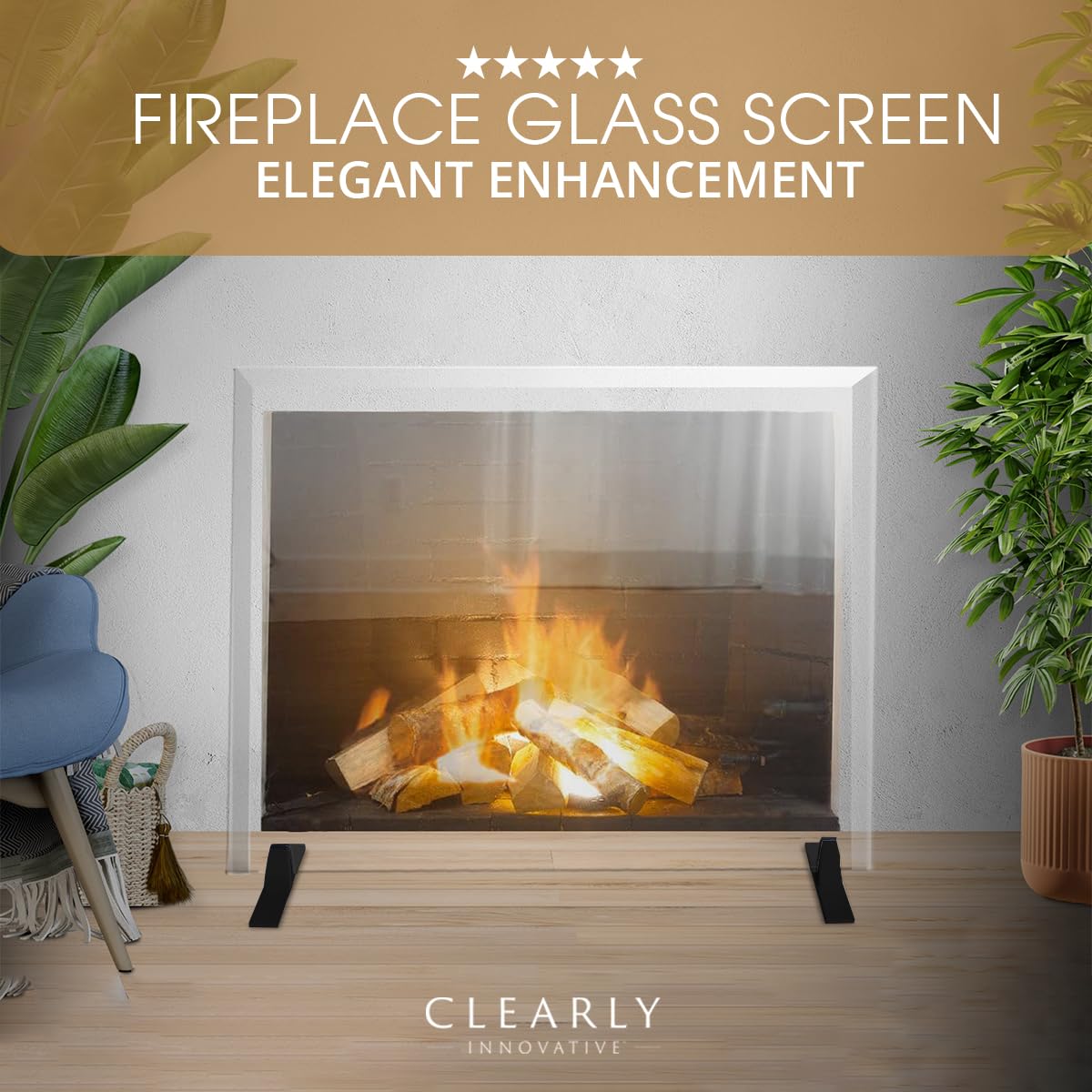 Tempered Glass Fireplace Screen, 33" x 46", Black Base D809849