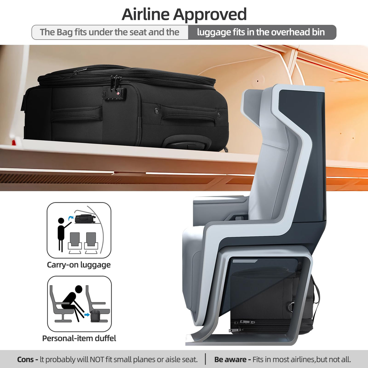 Black Expandable Carry-On Luggage Duffel Bag with Adjustable Strap C571