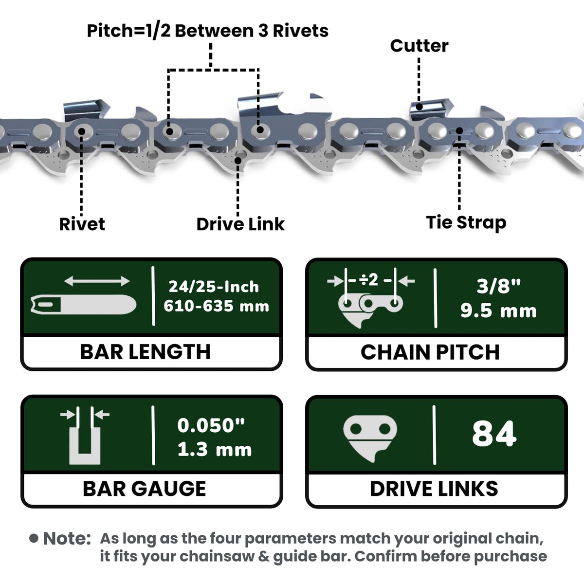 24 Inch Chainsaw Chain 3/8 Pitch .050" Gauge 84 Drive Links Full Chisel U917