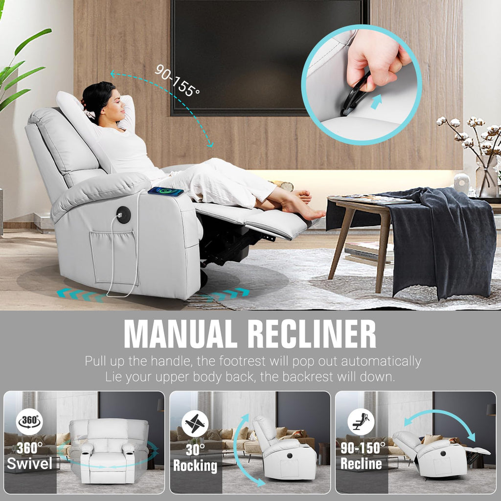 Light Grey Faux Leather Rocking Recliner Chair with Massage and Heat W915875