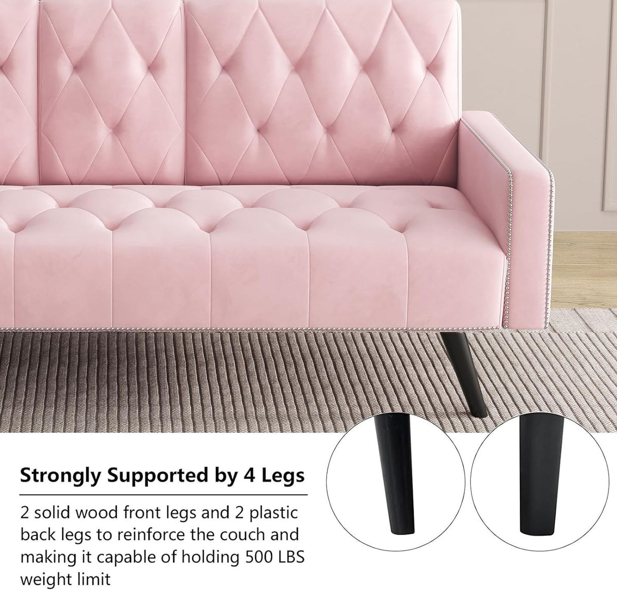 Pink Velvet Futon Couch Bed with Cup Holder H89371