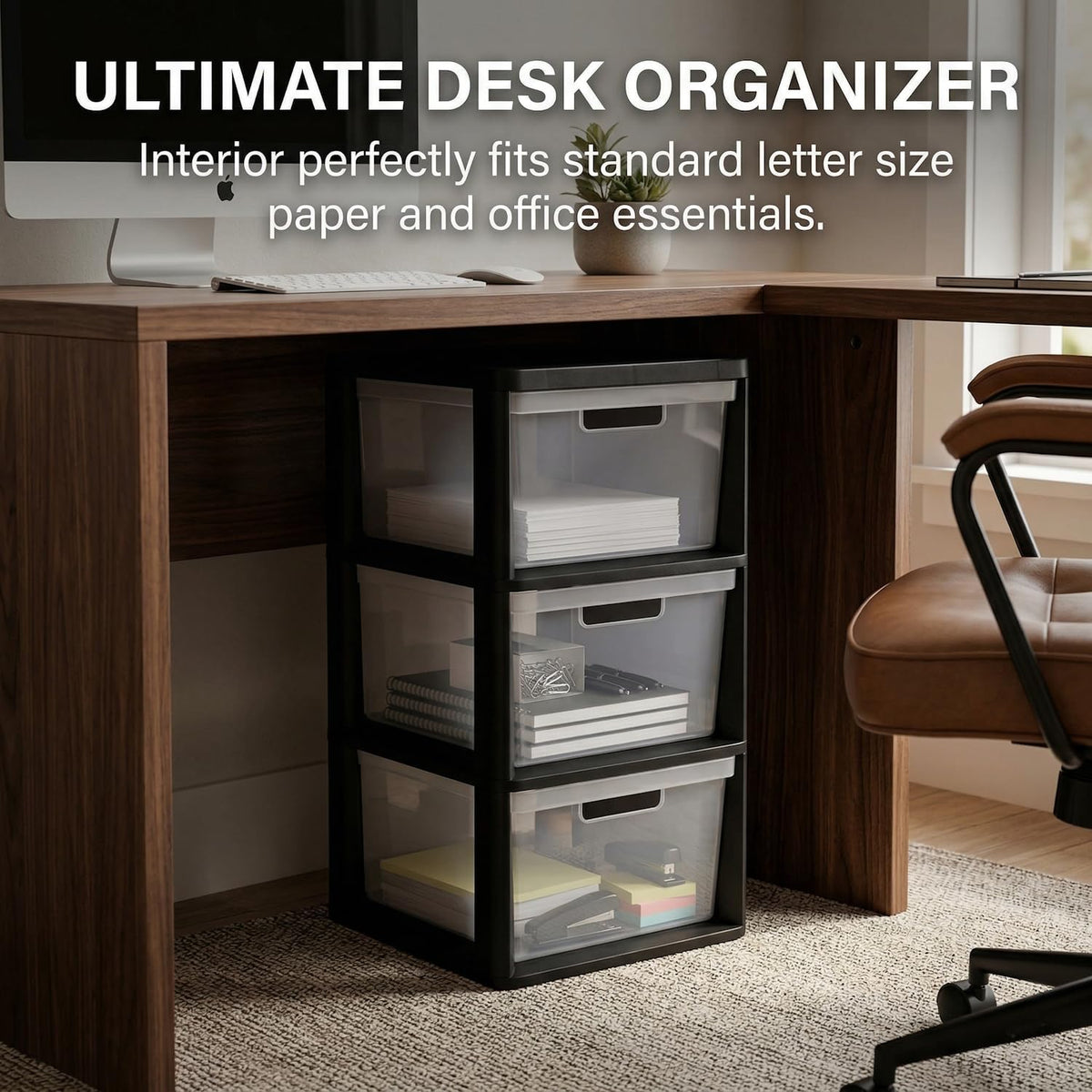 Black 3 Drawer Plastic Storage Tower with Clear Removable Bins B3506