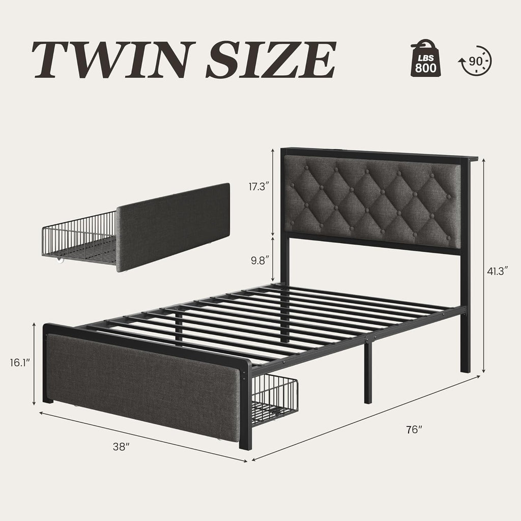 Grey Twin Bed Frame with Storage Drawer W83938