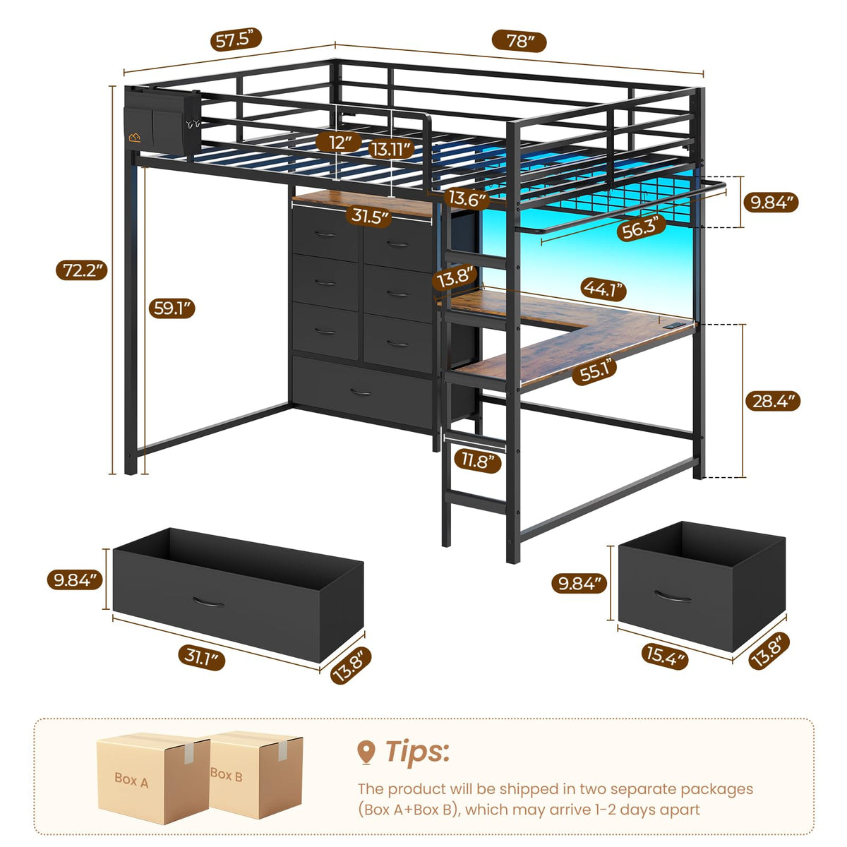 Full Size Loft Bed with L-Shaped Desk, 7 Storage Drawers, LED Lights and Charging Station, Black B6726