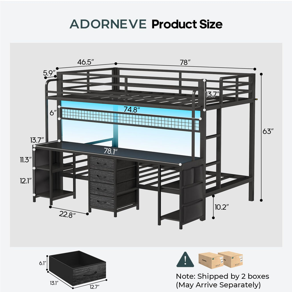 Twin Over Twin Bunk Bed with Desk and LED Lights W10889