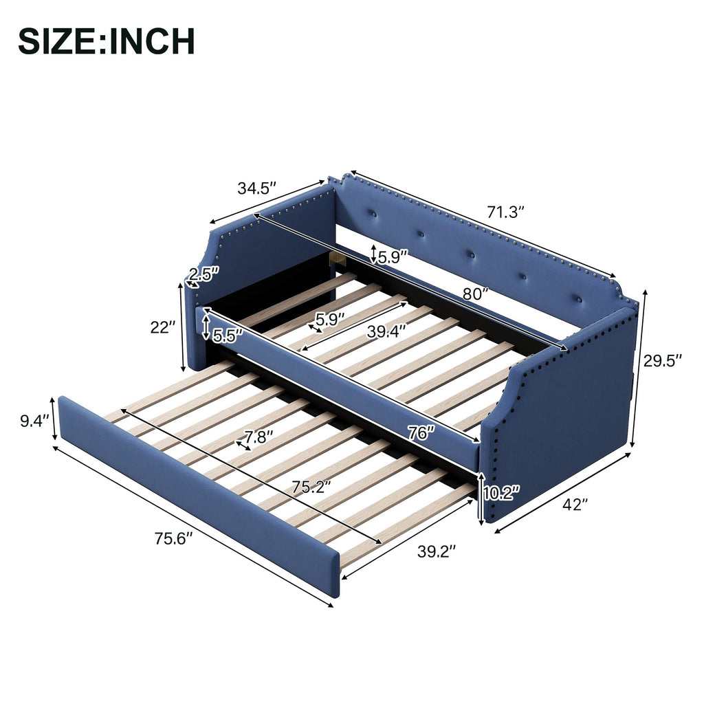 Blue Linen Upholstered Daybed with Trundle Twin Size R4261