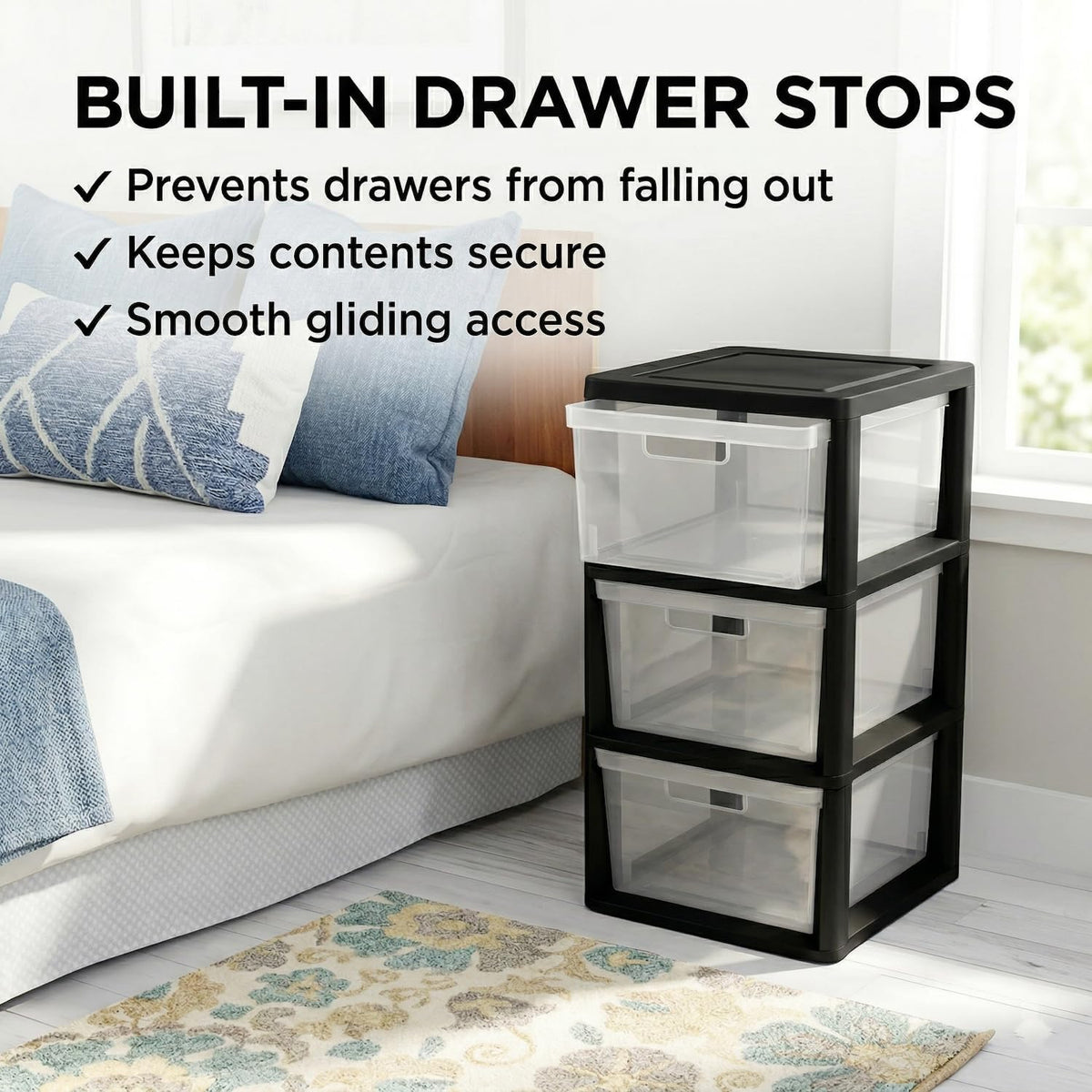 Black 3 Drawer Plastic Storage Tower with Clear Removable Bins B3506