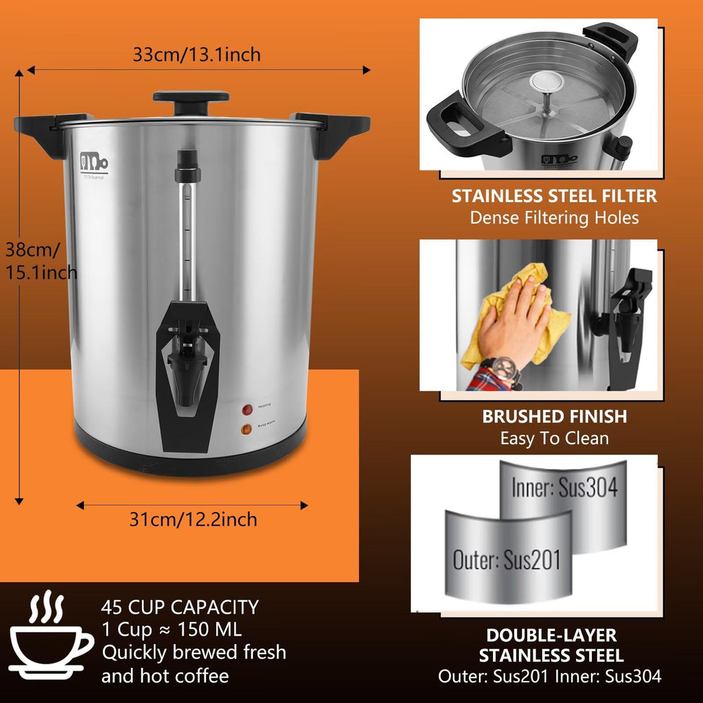 45 Cup 8L Commercial Coffee Urn 950W Hot Beverage Dispenser with Double Faucet I374511
