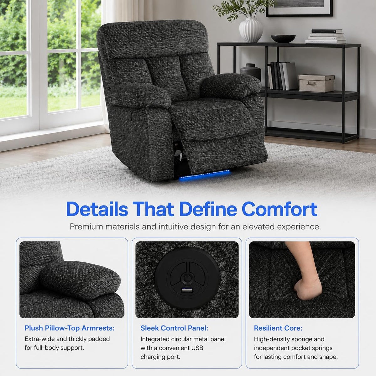 Gray Wool 3 Piece Power Reclining Sofa Set with USB Ports and LED Lights I1930