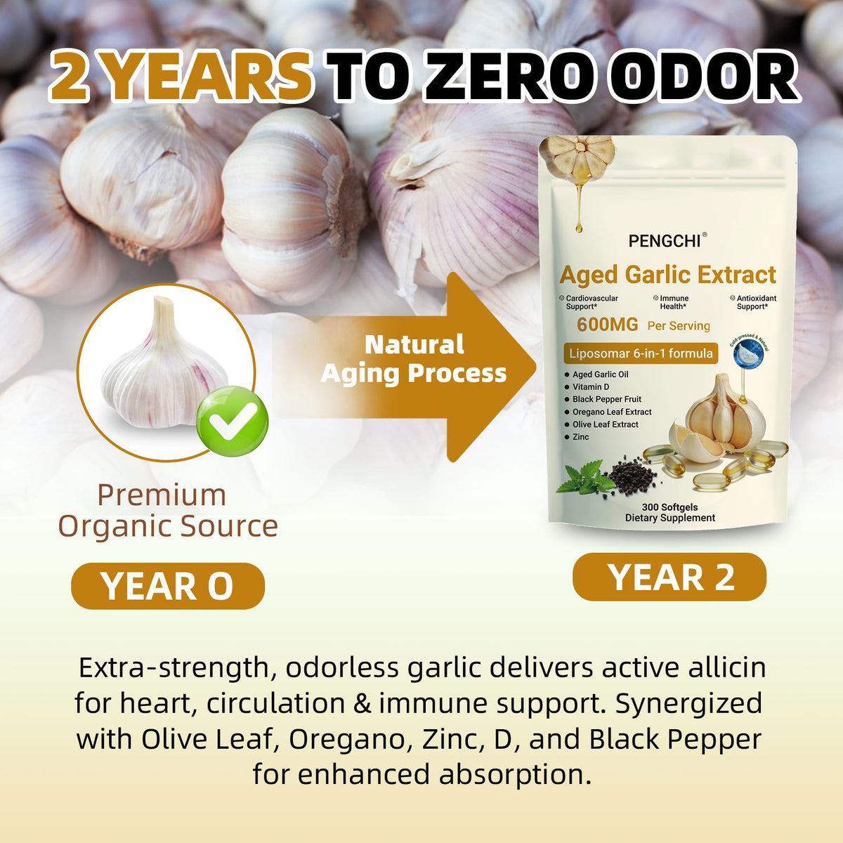 Aged Garlic Extract with Vitamin D Zinc Oregano Olive Leaf Black Pepper 300 Softgels L455