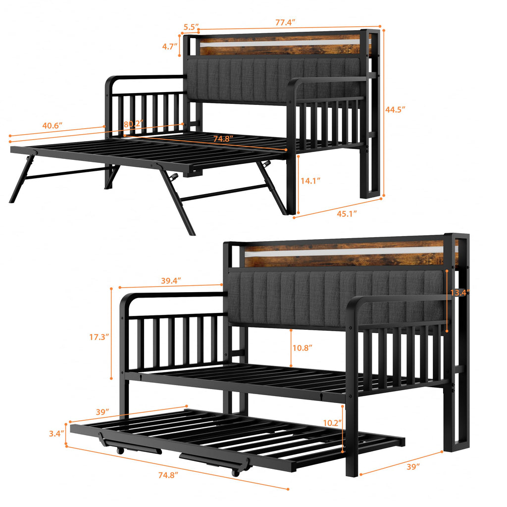 Brown Metal Daybed with Trundle and Storage Headboard Z7701