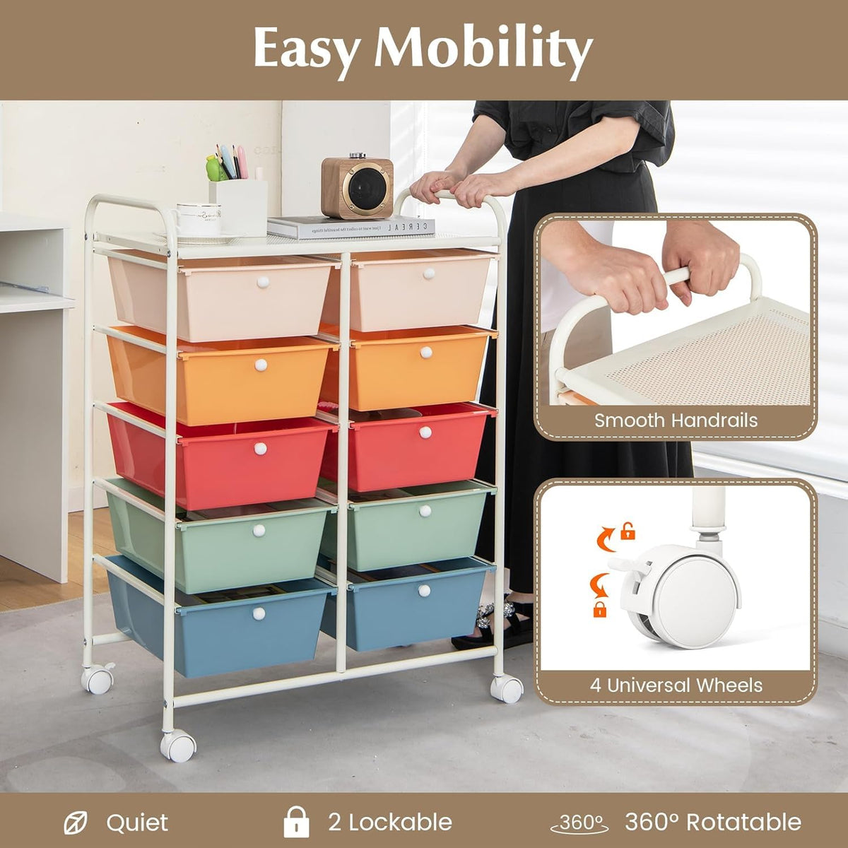 10 Drawer Rolling Storage Cart with Metal Frame F744