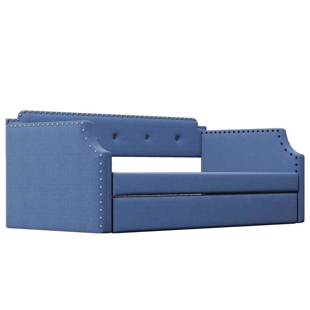 Blue Linen Upholstered Daybed with Trundle Twin Size R4261