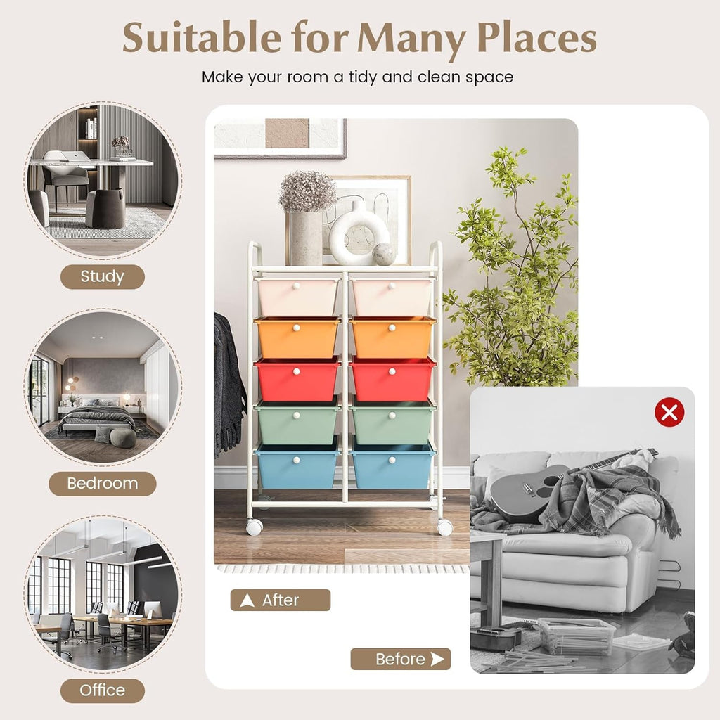10 Drawer Rolling Storage Cart with Metal Frame F744