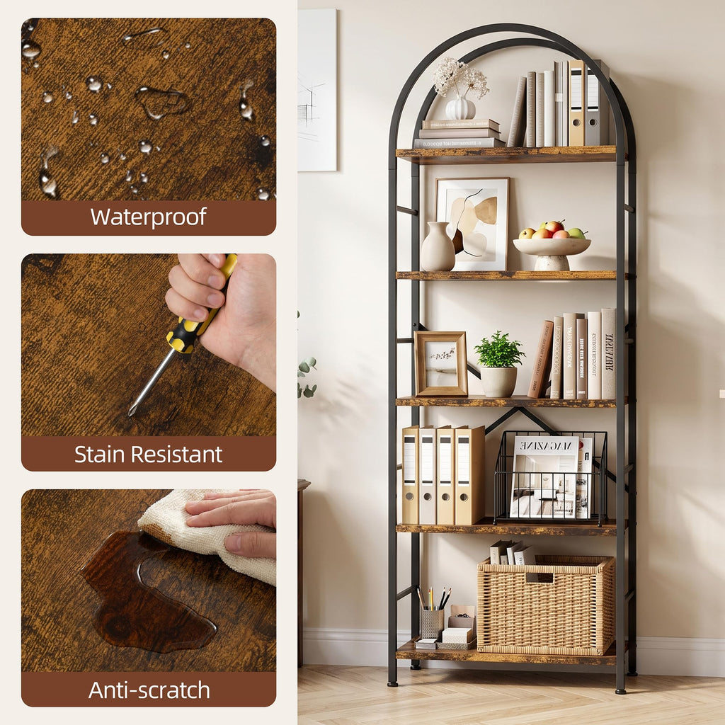 5 Tier Rustic Brown Bookshelf with Metal Frame T25088