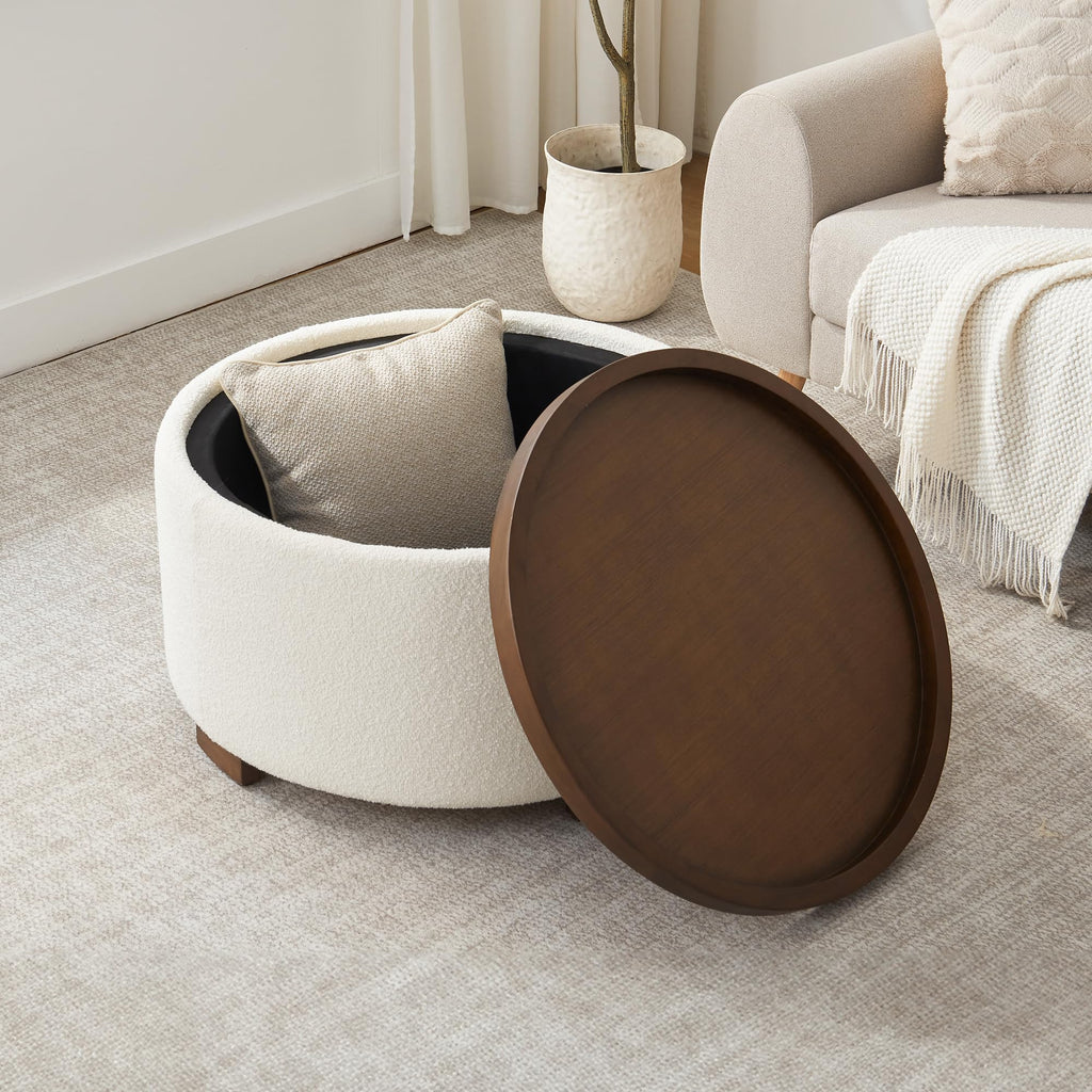 30 Inch Round Boucle Storage Ottoman E695206