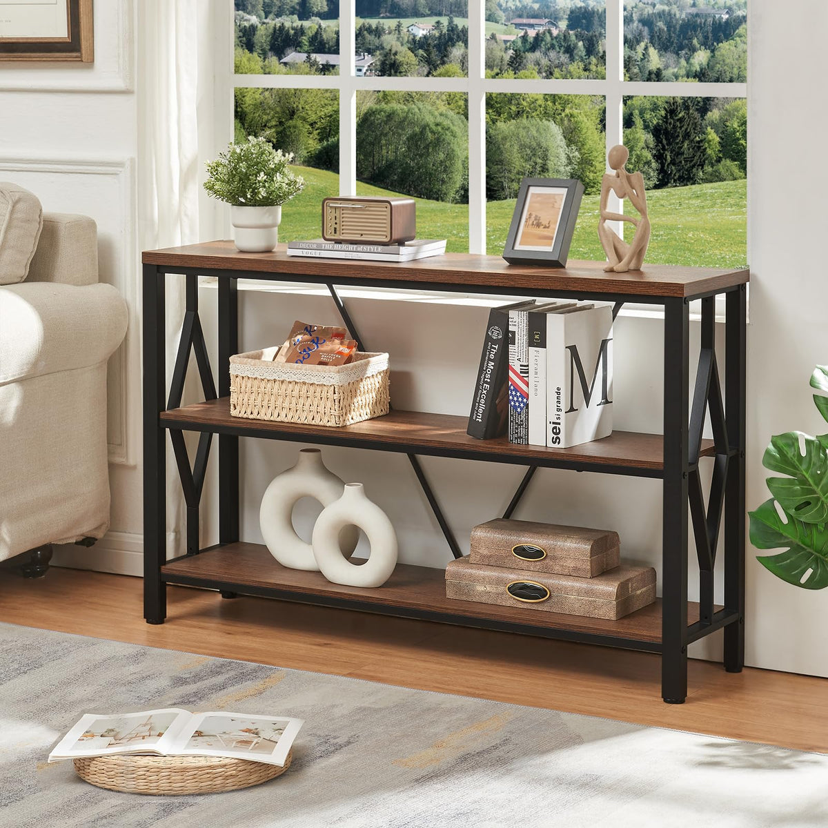 Brown 47 Inch Sofa Console Table with 3 Tier Bookshelf G80464