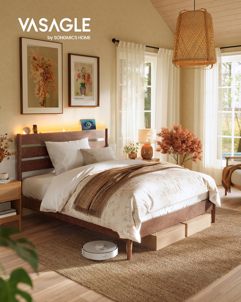 Full Wood Platform Bed with Headboard Storage Shelf J544