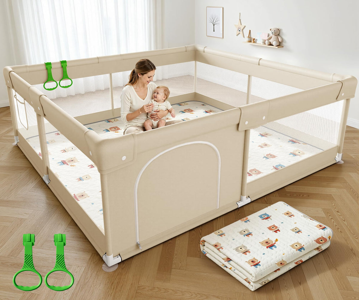 Baby Playpen with Mat, 47x47in Beige B8019