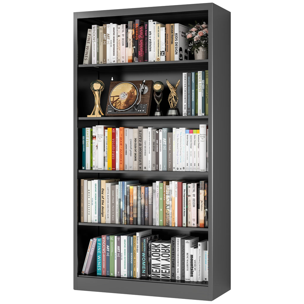 66" Tall Black Metal Bookcase with Adjustable Shelves Q1247