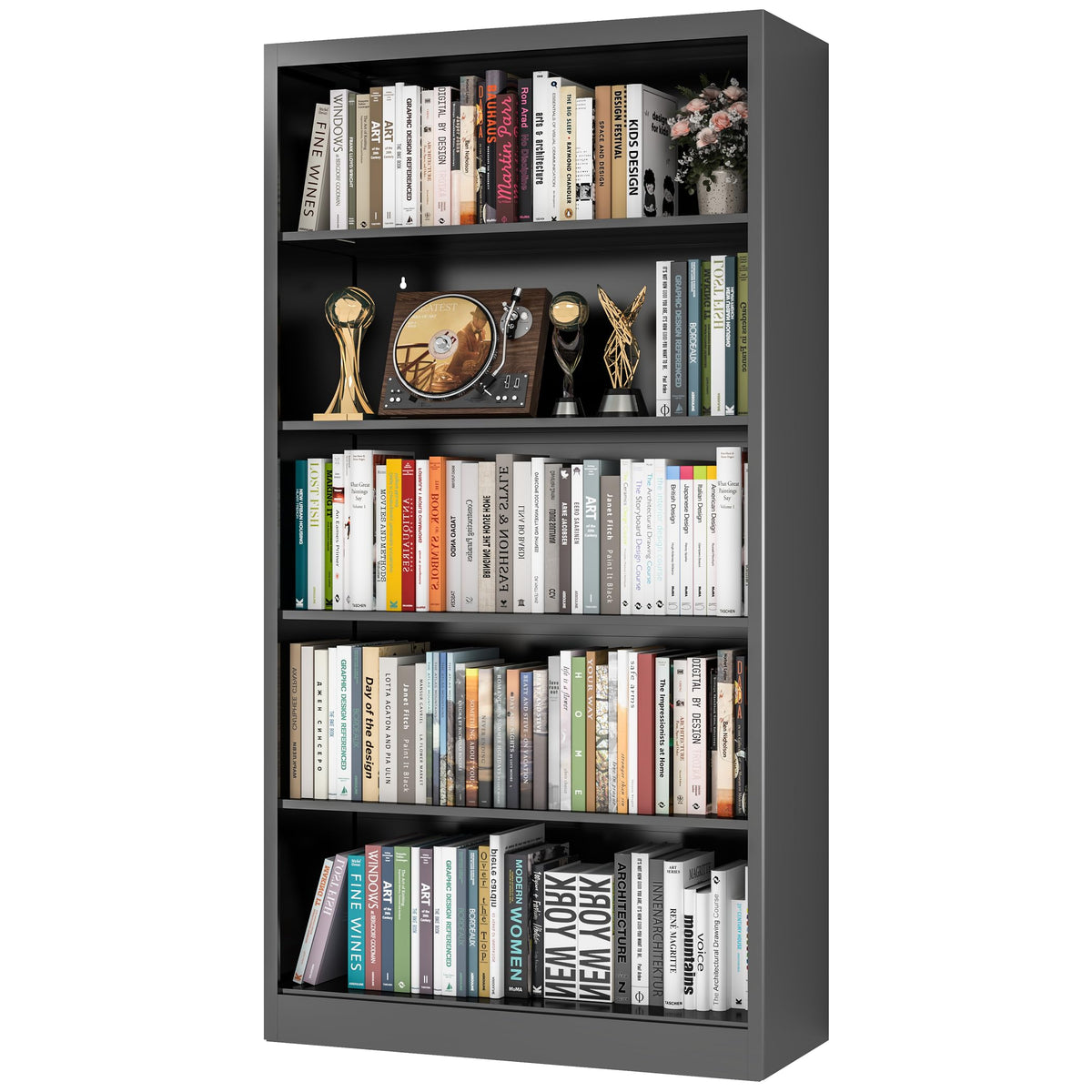 66" Tall Black Metal Bookcase with Adjustable Shelves Q1247