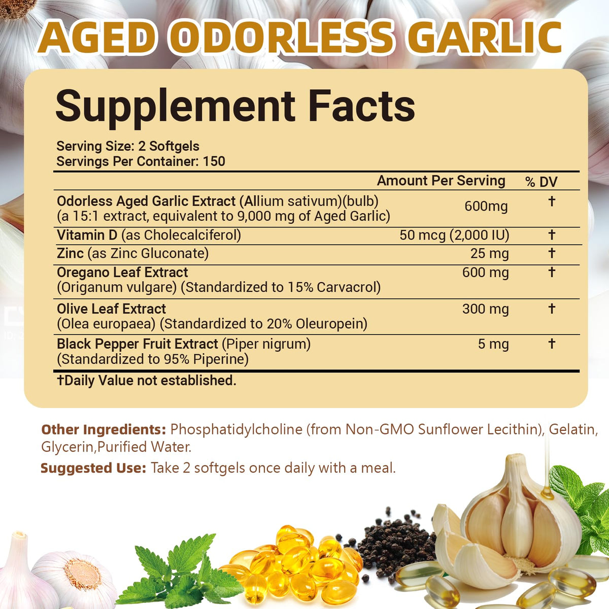 Aged Garlic Extract with Vitamin D Zinc Oregano Olive Leaf Black Pepper 300 Softgels L455