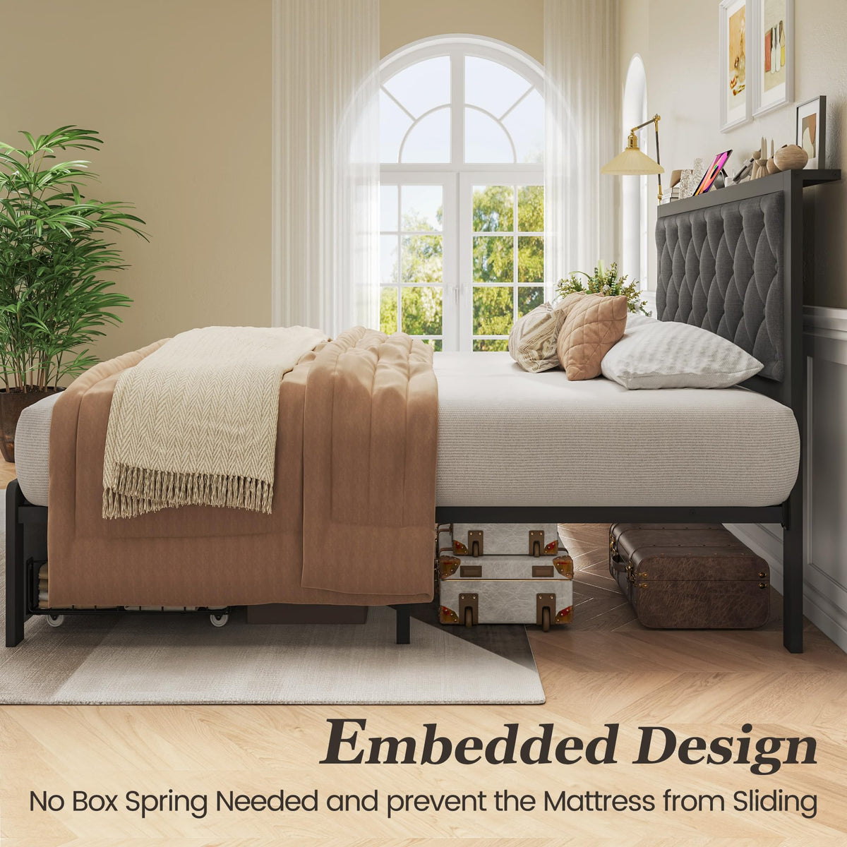 Grey Twin Bed Frame with Storage Drawer W83938