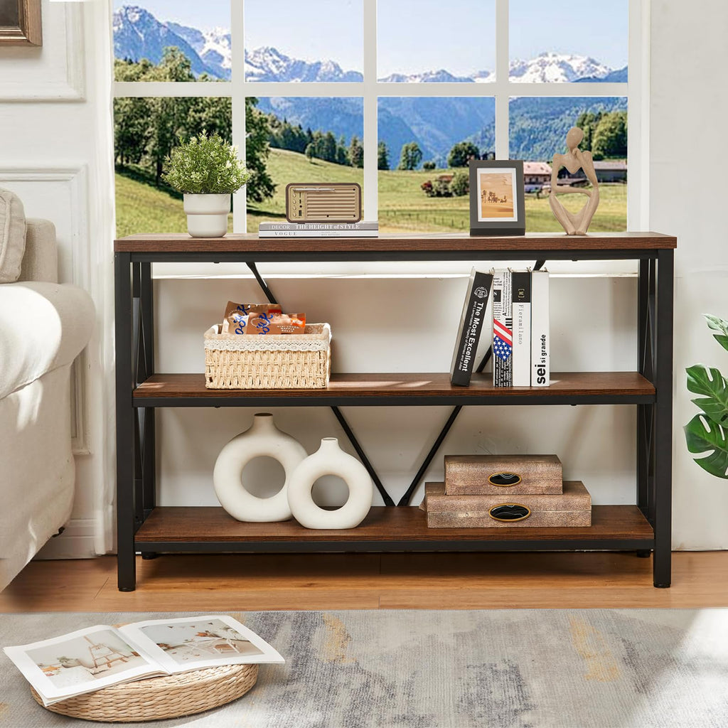 Brown 47 Inch Sofa Console Table with 3 Tier Bookshelf G80464