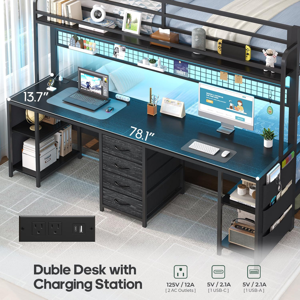Twin Over Twin Bunk Bed with Desk and LED Lights W10889