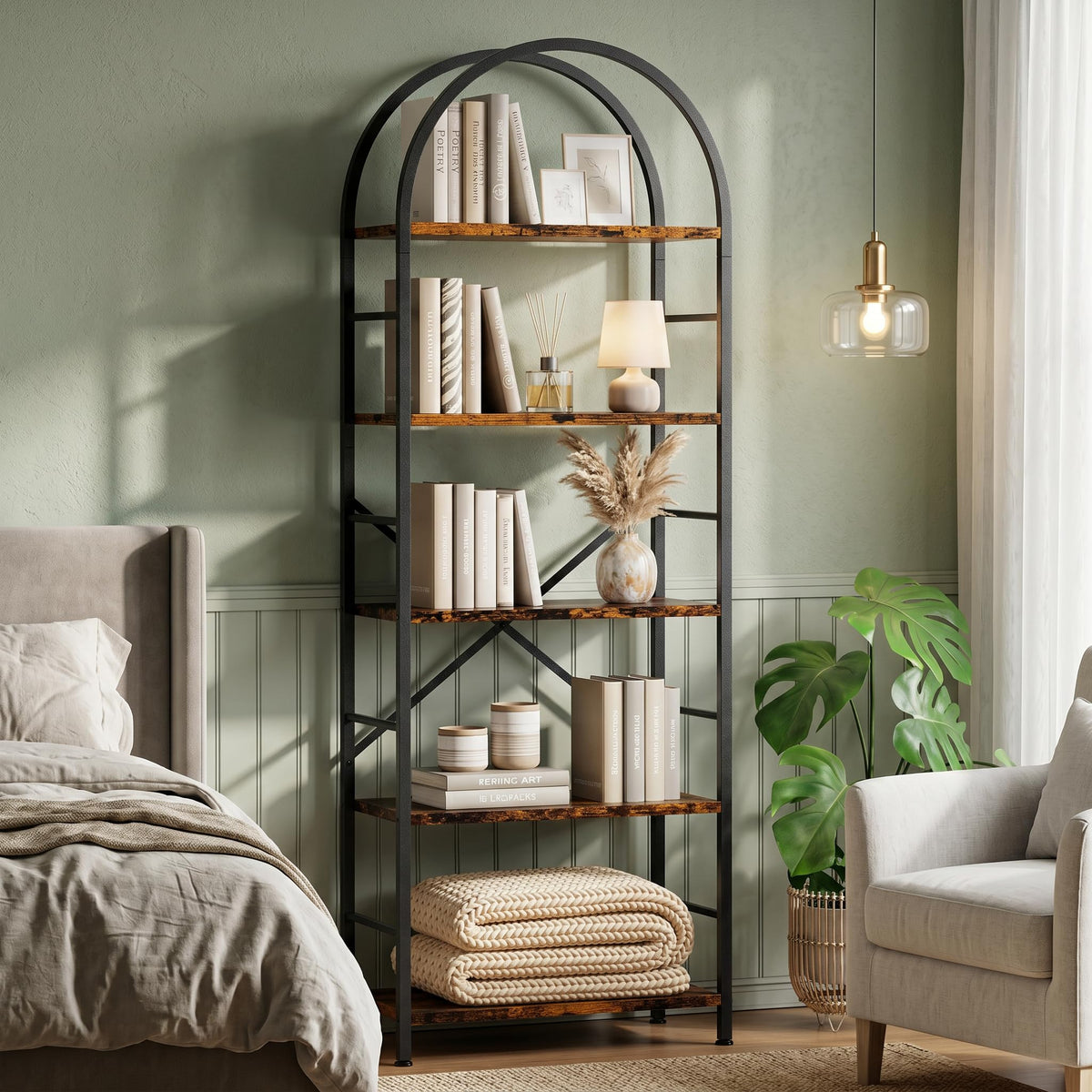 5 Tier Rustic Brown Bookshelf with Metal Frame T25088