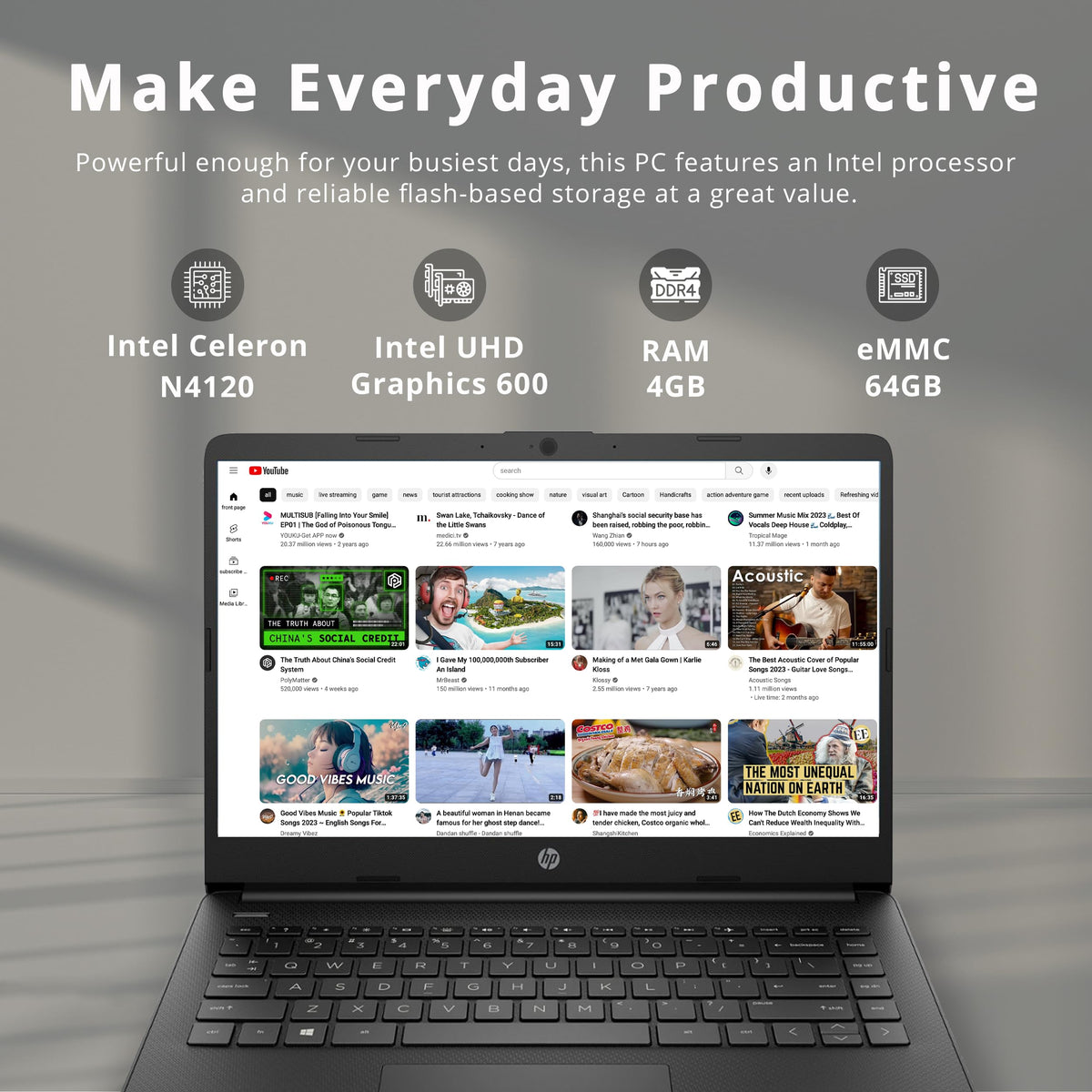 14-inch Laptop, Intel Celeron N4000, 4 GB RAM, 64 GB eMMC, Jet Black M70318