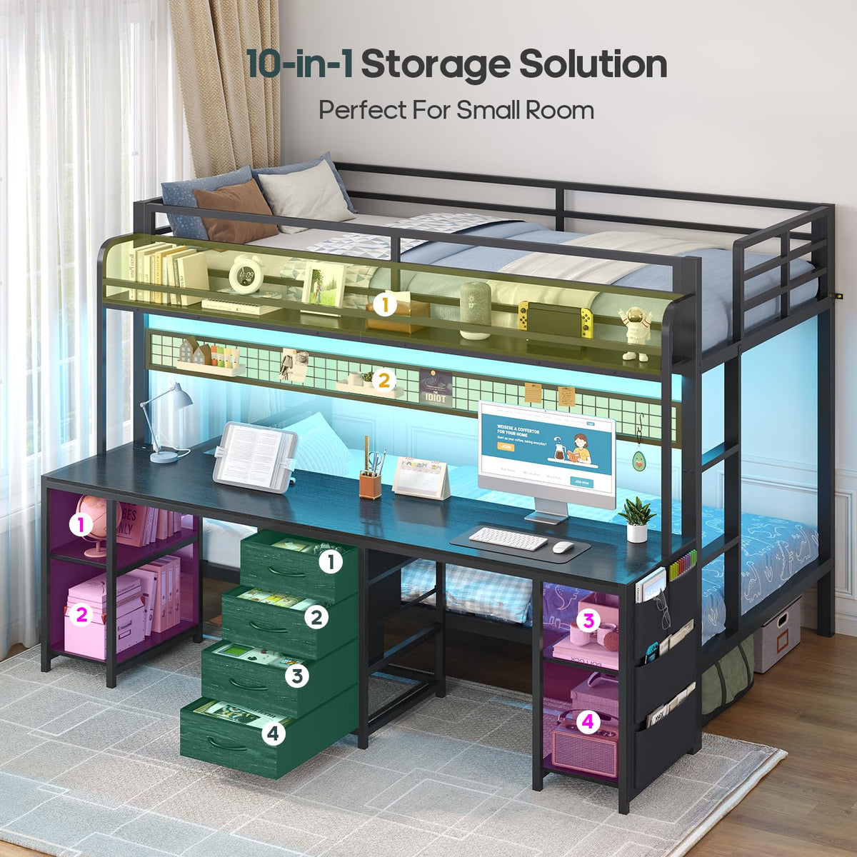 Twin Over Twin Bunk Bed with Desk and LED Lights W10889