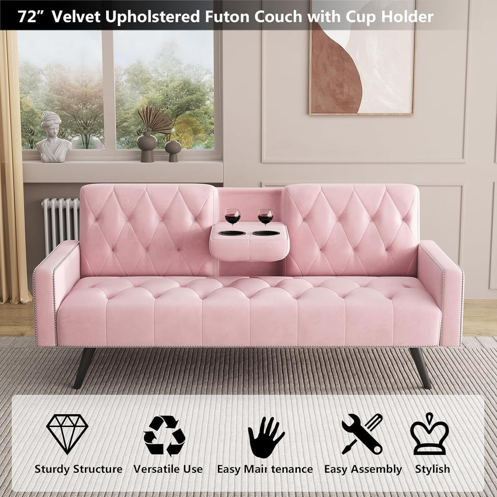 Pink Velvet Futon Couch Bed with Cup Holder H89371