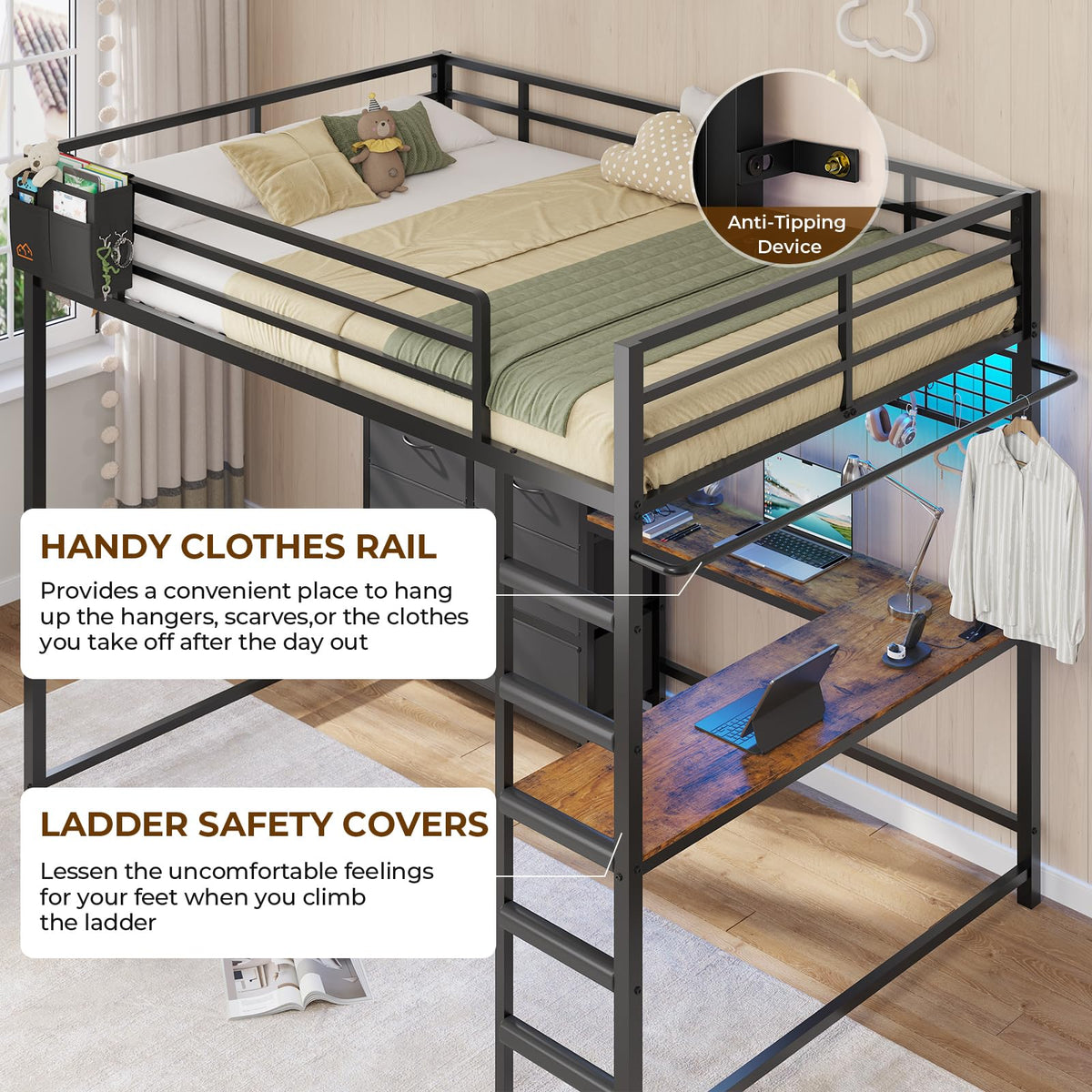 Full Size Loft Bed with L-Shaped Desk, 7 Storage Drawers, LED Lights and Charging Station, Black B6726