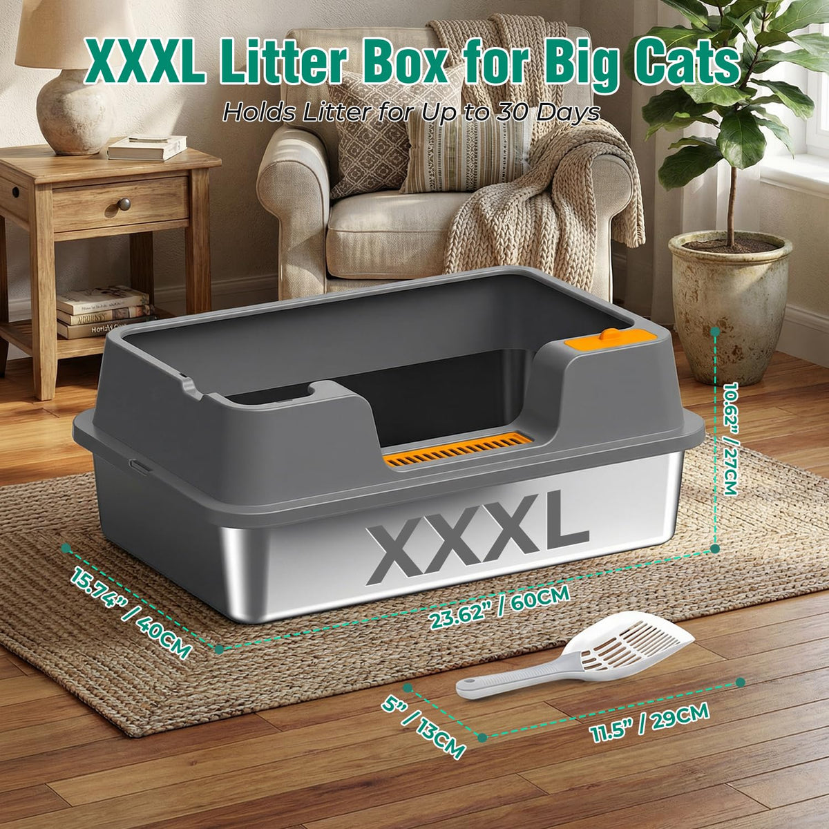 Extra Large Stainless Steel Litter Box with High Sides Q627474