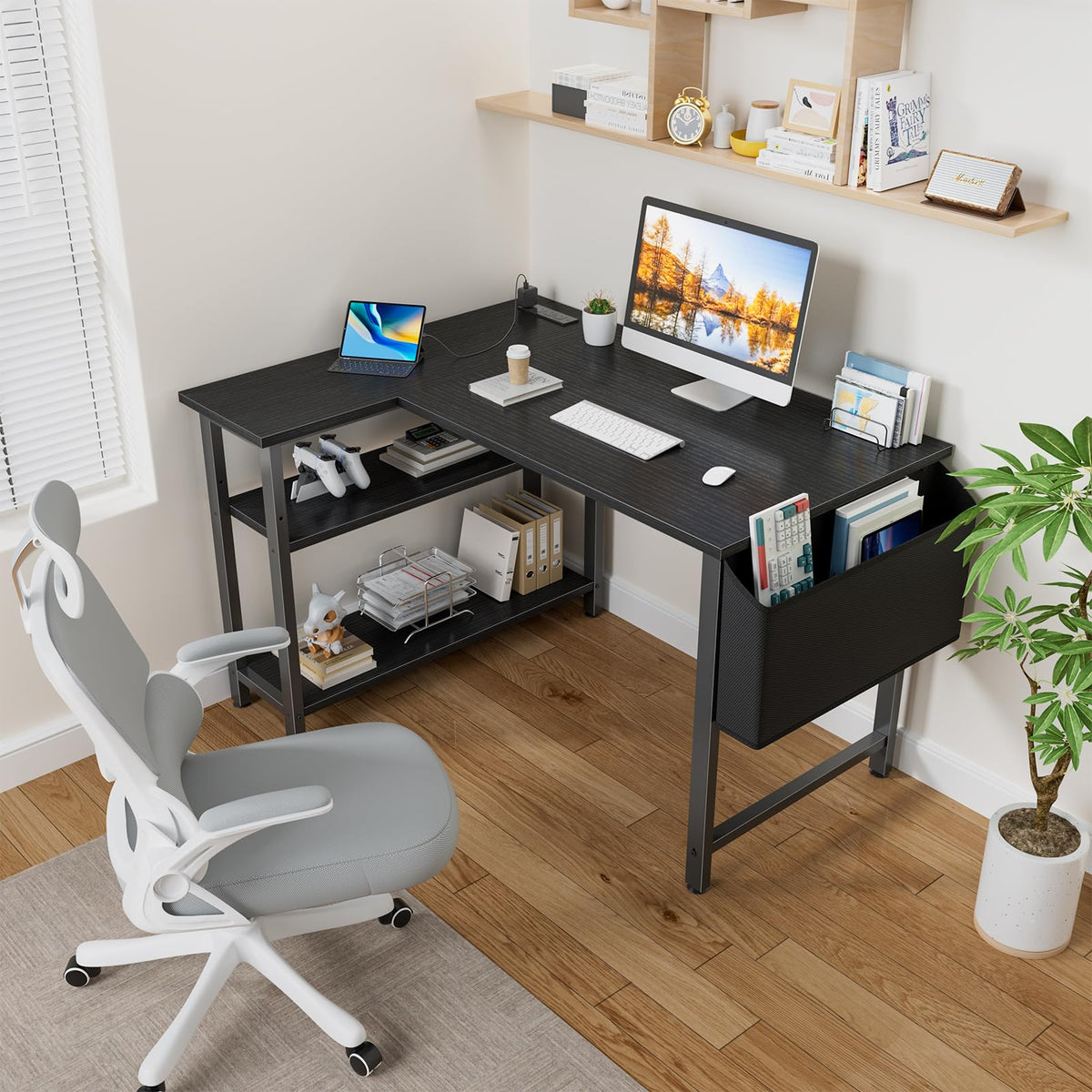 Black 40 Inch L Shaped Corner Computer Desk with Power Outlet Q90728