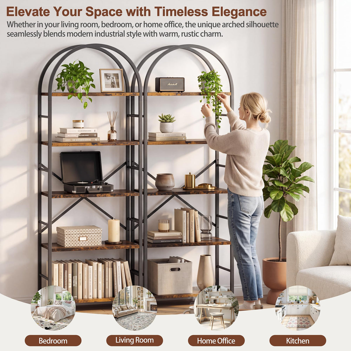 5 Tier Rustic Brown Bookshelf with Metal Frame T25088